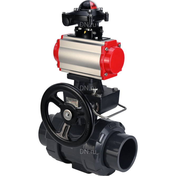 Кран шаровой BV4242E-FP-GRM-ISO Дн65 Ру10 полнопроходной, корпус - НПВХ, шар - НПВХ, уплотнение - EPDM, с пневмоприводом PA-DA-065, пневмораспределителем 4M310-08 AC220V, ручным дублером MON1-250-T26-ISO и БКВ APL-210N в Перми
