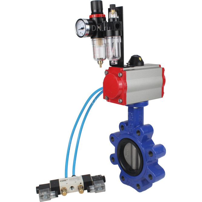 Затвор дисковый поворотный WBV1631N-2W-Fb-H Ду125 Ру16 LUG корпус - чугун QT450, диск - нержавеющая сталь 304, уплотнение - NBR, с пневмоприводом PA-SA-140, пневмораспределителем 4V320-08 AC220V и БПВ AFC2000 в Перми