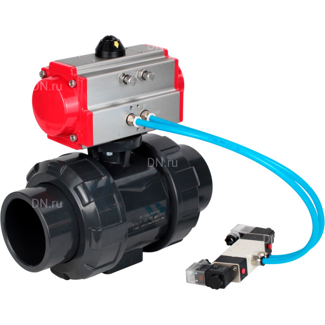 Кран шаровой BV4242E-FP-GRM-ISO Дн32 Ру10 полнопроходной, корпус - НПВХ, шар - НПВХ, уплотнение - EPDM, с пневмоприводом PA-DA-052 и пневмораспределителем 4V320-08 AC220V в Перми