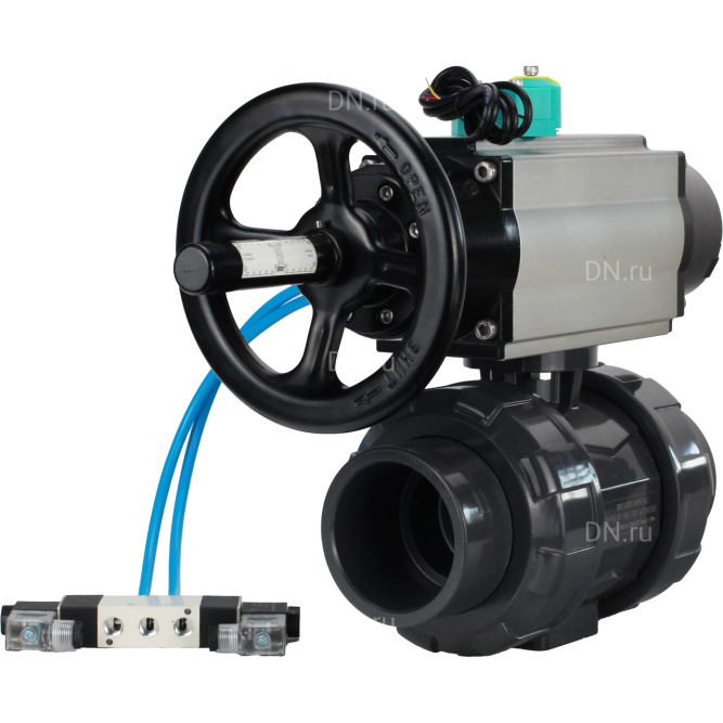 Кран шаровой BV4242E-FP-GRM-ISO Дн40 Ру10 полнопроходной, корпус - НПВХ, шар - НПВХ, уплотнение - EPDM, с пневмоприводом PA-DA-105-1, пневмораспределителем 4V320-10 AC220V и магнитным переключателем ALS200D в Перми