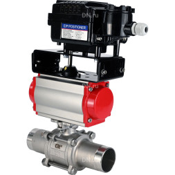 Кран шаровой BV3232P(3pc)-FP-W-ISO-H LONG Ду15 Ру63 полнопроходной, корпус - нержавеющая сталь 316, уплотнение - PTFE, под приварку, с пневмоприводом PA-SA-083 и пневмопозиционером YT-1000RSN с обратной связью