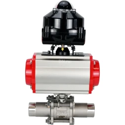 Кран шаровой BV3131P(3pc)-FP-W-ISO-H LONG Ду32 Ру40 полнопроходной, корпус - нержавеющая сталь 304, уплотнение - PTFE, под приварку, с пневмоприводом PA-DA-052, пневмораспределителем 4M310-08 DC24V и БКВ APL-510N EX