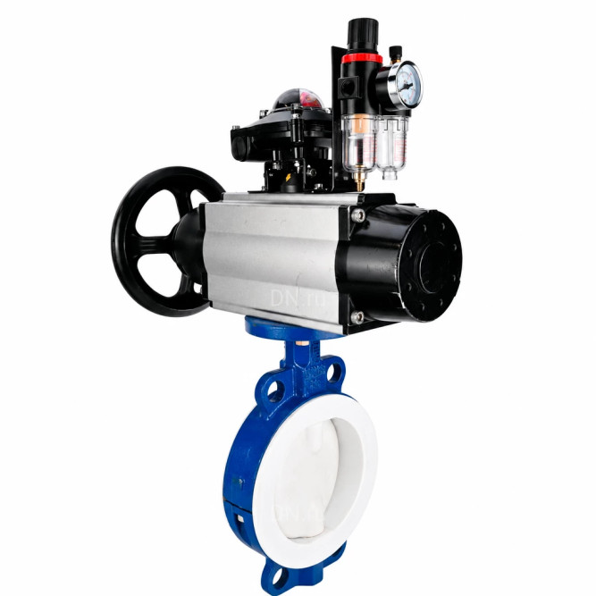 Затвор дисковый поворотный WBV3434Pf-2W-Fb-R Ду150 Ру16, корпус - угл. сталь WCB, диск - угл.  сталь WCB, футерованный PTFE, уплотнение - PTFE, с пневмоприводом PA-DA-105-1, пневмораспределителем 4M310-08 AC220V, БКВ APL-210N и БПВ AFC2000 в Перми