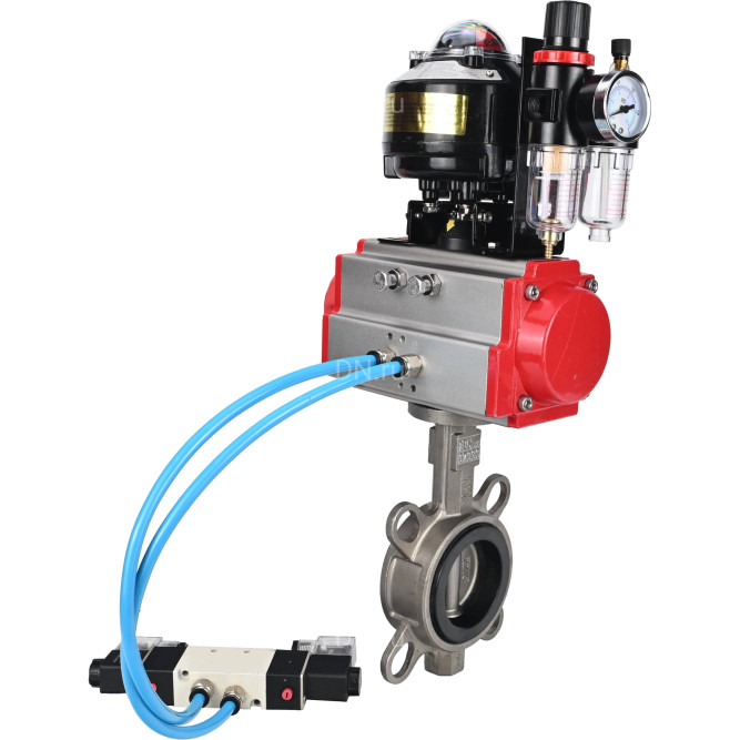 Затвор дисковый поворотный WBV3131N-2W-Fb-H Ду125 Ру16, корпус - нержавеющая сталь 304, диск - нержавеющая сталь 304, уплотнение - NBR, с пневмоприводом PA-DA-105, пневмораспределителем 4V320-10 AC220V, БКВ APL-510N EX и БПВ AFC2000 в Перми