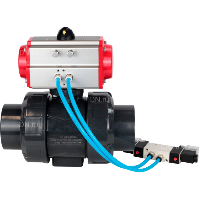 Кран шаровой BV4242E-FP-GRM-ISO Дн65 Ру10 полнопроходной, корпус - НПВХ, шар - НПВХ, уплотнение - EPDM, с пневмоприводом PA-DA-065 и пневмораспределителем 4V320-08 AC220V в Перми