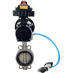 Затвор дисковый поворотный WBV3232N-2W-Fb-H Ду150 Ру16, корпус - нержавеющая сталь 316L, диск - нержавеющая сталь 316L, уплотнение - NBR, с пневмоприводом PA-DA-105-1 двойного действия, с пневмораспределителем 4V320-10 AC220V, с БКВ APL-410N EX