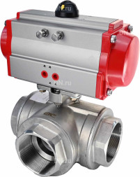 Кран шаровой BV3232P(4pc)-SP-3WL-T-ISO-H Ду32 Ру63 стандартнопроходной L-тип, трехходовой, нержавеющая сталь SS316, внутренняя резьба, уплотнение - PTFE, с пневмоприводом PA-SA-65 с возвратными пружинами