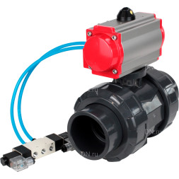 Кран шаровой BV4242E-FP-GRM-ISO Дн80 Ру10 полнопроходной, корпус - НПВХ, шар - НПВХ, уплотнение - EPDM, с пневмоприводом PA-DA-065 и пневмораспределителем 4V320-08 AC220V
