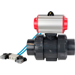 Кран шаровой BV4242E-FP-GRM-ISO Дн80 Ру10 полнопроходной, корпус - НПВХ, шар - НПВХ, уплотнение - EPDM, с пневмоприводом PA-DA-065 и пневмораспределителем 4V320-08 AC220V