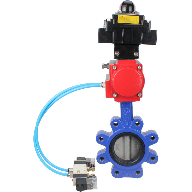 Затвор дисковый поворотный WBV1631N-2W-Fb-H Ду65 Ру16 LUG корпус - чугун QT450, диск - нержавеющая сталь 304, уплотнение - NBR, с пневмоприводом PA-DA-065, пневмораспределителем 4V320-10 AC220V и БКВ APL-410N EX в Перми