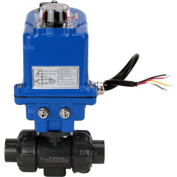 Кран шаровой BV4242E-FP-GRM-ISO Дн25 Ру10 полнопроходной, клеевой с разборным муфтовым соединением, корпус - НПВХ, шар - НПВХ, уплотнение - EPDM, с электроприводом QT-N-003EM-O1-12VDC-У1 blue