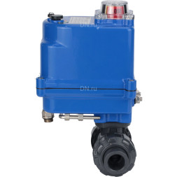 Кран шаровой BV4242E-FP-GRM-ISO Дн25 Ру10 полнопроходной, клеевой с разборным муфтовым соединением, корпус - НПВХ, шар - НПВХ, уплотнение - EPDM, с электроприводом QT-N-003EM-O1-12VDC-У1 blue