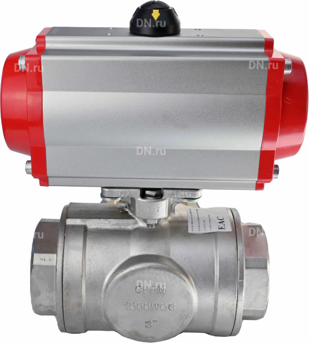 Кран шаровой BV3232P(4pc)-SP-3WL-T-ISO-H Ду50 Ру63 стандартнопроходной L-тип, трехходовой, нержавеющая сталь SS316, внутренняя резьба, уплотнение - PTFE, с пневмоприводом PA-SA-83 с возвратными пружинами в Перми
