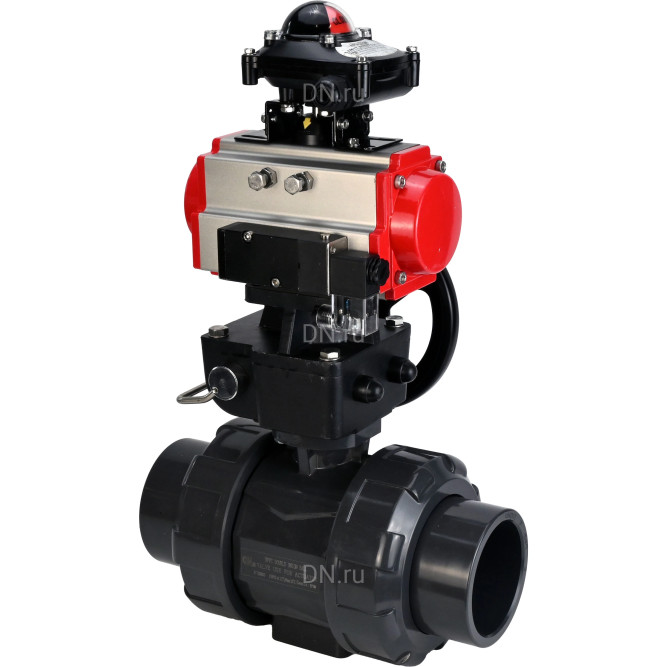 Кран шаровой BV4242E-FP-GRM-ISO Дн40 Ру10 полнопроходной, корпус - НПВХ, шар - НПВХ, уплотнение - EPDM, с пневмоприводом PA-DA-052, пневмораспределителем 4M310-08 DC24V, ручным дублером MON1-250-T26-ISO и БКВ APL-210N в Перми