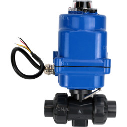 Кран шаровой BV4242E-FP-GRM-ISO Дн32 Ру10 полнопроходной, клеевой с разборным муфтовым соединением, корпус - НПВХ, шар - НПВХ, уплотнение - EPDM, с электроприводом QT-N-003EM-O1-12VDC-У1 blue