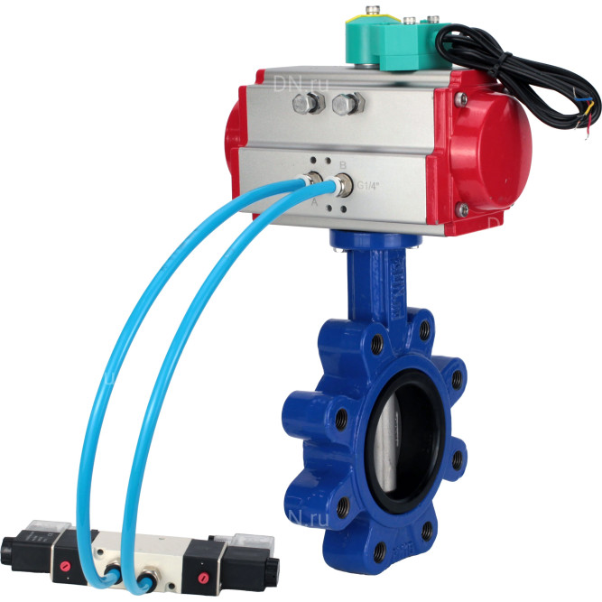 Затвор дисковый поворотный WBV1631N-2W-Fb-H Ду125 Ру16 LUG корпус - чугун QT450, диск - нержавеющая сталь 304, уплотнение - NBR, с пневмоприводом PA-DA-105, пневмораспределителем 4V320-08 AC220V и магнитным переключателем ALS200D в Перми