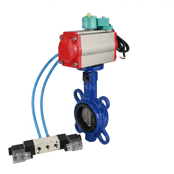 Затвор дисковый поворотный WBV1132N-2W-Fb-H Ду50 Ру16 корпус - чугун GG25, диск - нержавеющая сталь 316L, уплотнение - NBR, с пневмоприводом PA-SA-083, пневмораспределителем 4V320-10 AC220V и магнитным переключателем ALS200D в Перми
