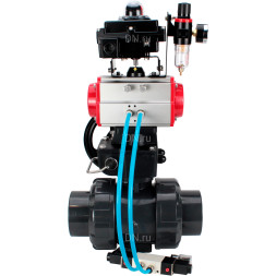 Кран шаровой BV4242E-FP-GRM-ISO Дн32 Ру10 полнопроходной, корпус - НПВХ, шар - НПВХ, уплотнение - EPDM, с пневмоприводом PA-DA-052, пневмораспределителем 4V320-10 AC220V, ручным дублером MON1-250-T26-ISO, БКВ APL-410N EX и БПВ AFC2000