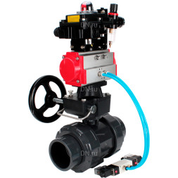 Кран шаровой BV4242E-FP-GRM-ISO Дн32 Ру10 полнопроходной, корпус - НПВХ, шар - НПВХ, уплотнение - EPDM, с пневмоприводом PA-DA-052, пневмораспределителем 4V320-10 AC220V, ручным дублером MON1-250-T26-ISO, БКВ APL-410N EX и БПВ AFC2000