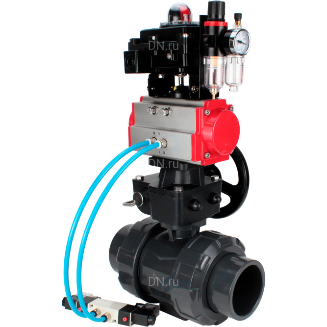 Кран шаровой BV4242E-FP-GRM-ISO Дн40 Ру10 полнопроходной, корпус - НПВХ, шар - НПВХ, уплотнение - EPDM, с пневмоприводом PA-DA-052, пневмораспределителем 4V320-10 AC220V, ручным дублером MON1-250-T26-ISO, БКВ APL-410N EX и БПВ AFC2000 в Перми