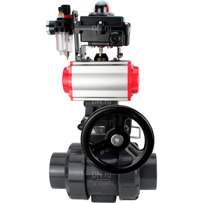 Кран шаровой BV4242E-FP-GRM-ISO Дн40 Ру10 полнопроходной, корпус - НПВХ, шар - НПВХ, уплотнение - EPDM, с пневмоприводом PA-DA-052, пневмораспределителем 4V320-10 AC220V, ручным дублером MON1-250-T26-ISO, БКВ APL-410N EX и БПВ AFC2000 в Перми