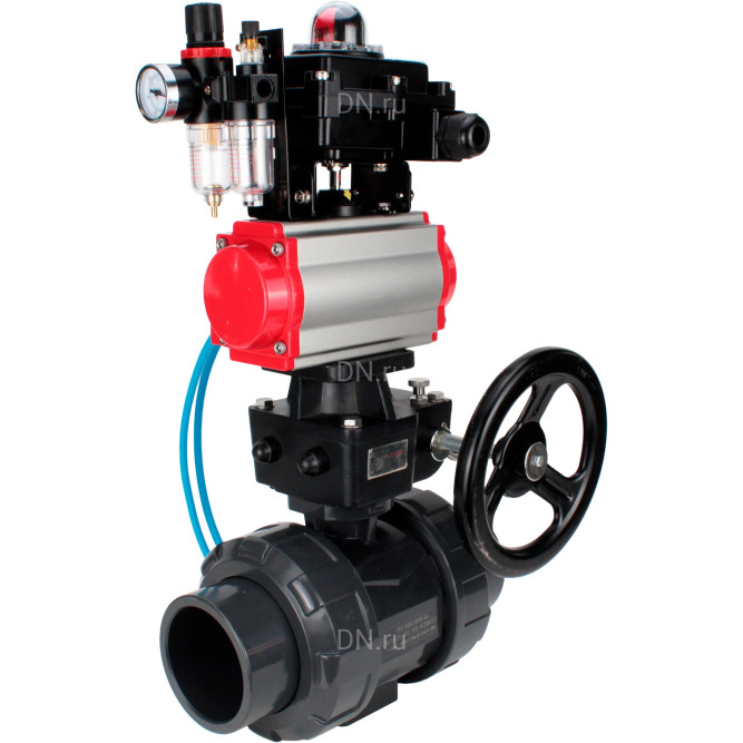 Кран шаровой BV4242E-FP-GRM-ISO Дн40 Ру10 полнопроходной, корпус - НПВХ, шар - НПВХ, уплотнение - EPDM, с пневмоприводом PA-DA-052, пневмораспределителем 4V320-10 AC220V, ручным дублером MON1-250-T26-ISO, БКВ APL-410N EX и БПВ AFC2000 в Перми