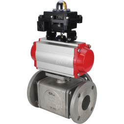 Кран шаровой BV3232P(4pc)-FP-3WL-F Ду25 Ру16 полнопроходной трехходовой, фланцевый, корпус - нержавеющая сталь SS316, с пневмоприводом PA-SA-083 с возвратными пружинами, пневмораспределителем 4M310-08 DC24V и БКВ APL-410N EX