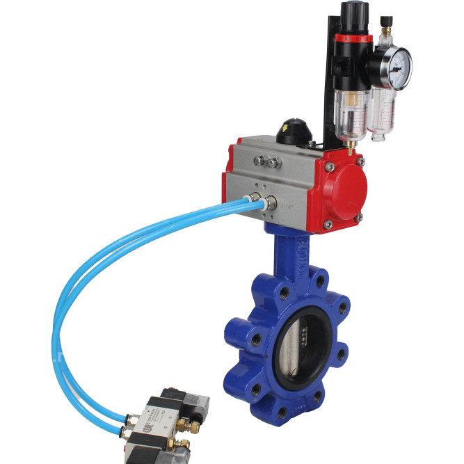 Затвор дисковый поворотный WBV1616N-2W-Fb-H Ду65 Ру16 LUG корпус - чугун QT450, диск - чугун QT450, уплотнение - NBR, с пневмоприводом PA-SA-105, пневмораспределителем 4V320-10 AC220V и БПВ AFC2000 в Перми