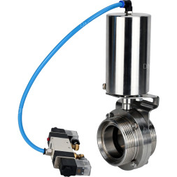 Затвор дисковый поворотный WBV3131S-2W-T-H Ду15 Ру10 резьбовой, пищевая нержавеющая сталь 304, уплотнение – Silicon, с пневмоприводом PA-SA-85 и пневмораспределителем 4V320-08 AC220V