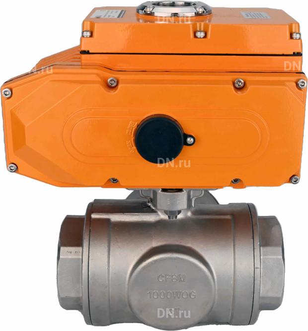 Кран шаровой BV3232P(4pc)-SP-3WL-T-ISO-H Ду50 Ру63 стандартнопроходной L-тип, трехходовой, нержавеющая сталь SS316, внутренняя резьба, уплотнение - PTFE, с эл. приводом E34-N-005EM-O1-220VAC-У1 в Перми