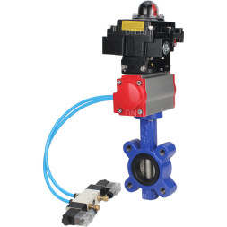 Затвор дисковый поворотный WBV1616E-2W-Fb-H Ду65 Ру16 LUG корпус - чугун QT450, диск - чугун QT450, уплотнение - EPDM, с пневмоприводом PA-DA-065, пневмораспределителем 4V320-10 AC220V и БКВ APL-410N EX