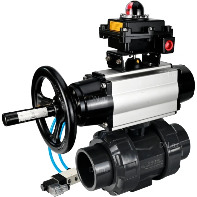 Кран шаровой BV4242E-FP-GRM-ISO Дн80 Ру10 полнопроходной, корпус - НПВХ, шар - НПВХ, уплотнение - EPDM, с пневмоприводом PA-DA-105-1, пневмораспределителем 4V320-10 AC220V и БКВ APL-410N EX в Перми