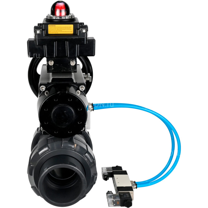 Кран шаровой BV4242E-FP-GRM-ISO Дн80 Ру10 полнопроходной, корпус - НПВХ, шар - НПВХ, уплотнение - EPDM, с пневмоприводом PA-DA-105-1, пневмораспределителем 4V320-10 AC220V и БКВ APL-410N EX в Перми