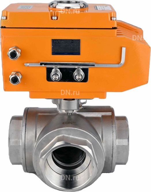 Кран шаровой BV3232P(4pc)-SP-3WL-T-ISO-H Ду65 Ру40 стандартнопроходной L-тип, трехходовой, нержавеющая сталь SS316, внутренняя резьба, уплотнение - PTFE, с эл. приводом E34-N-010EM-O1-220VAC-У1 в Перми