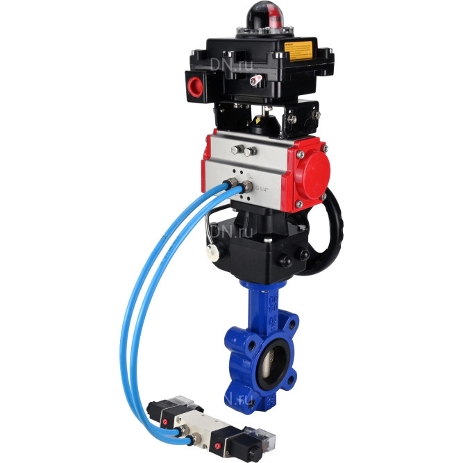 Затвор дисковый поворотный WBV1616E-2W-Fb-H Ду65 Ру16 LUG корпус - чугун QT450, диск - чугун QT450, уплотнение - EPDM, с пневмоприводом PA-DA-065, пневмораспределителем 4V320-10 AC220V, БКВ APL-410N EX и редуктором MON1-250-T26-ISO в Перми
