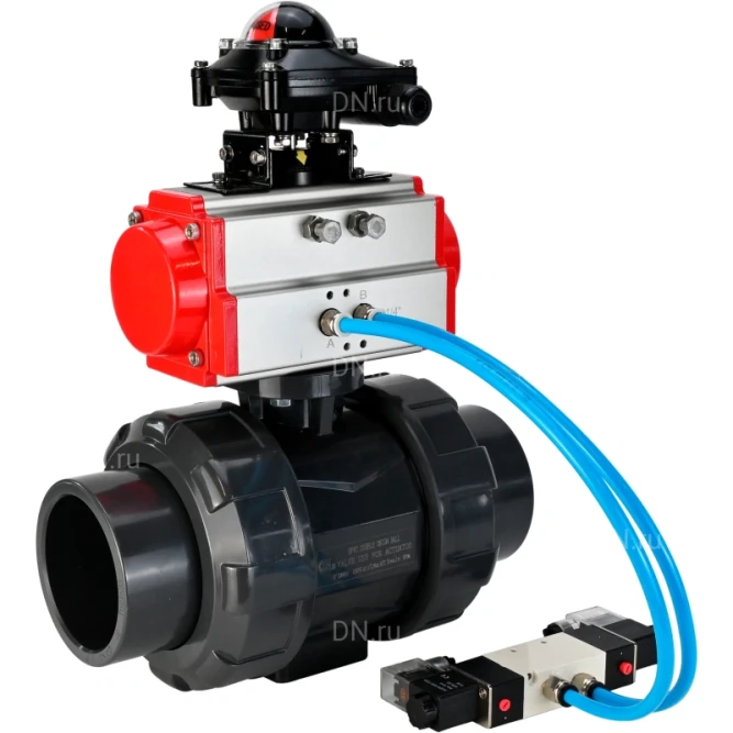 Кран шаровой BV4242E-FP-GRM-ISO Дн80 Ру10 полнопроходной, корпус - НПВХ, шар - НПВХ, уплотнение - EPDM, с пневмоприводом PA-DA-065, пневмораспределителем 4V320-08 AC220V и БКВ APL-210N в Перми