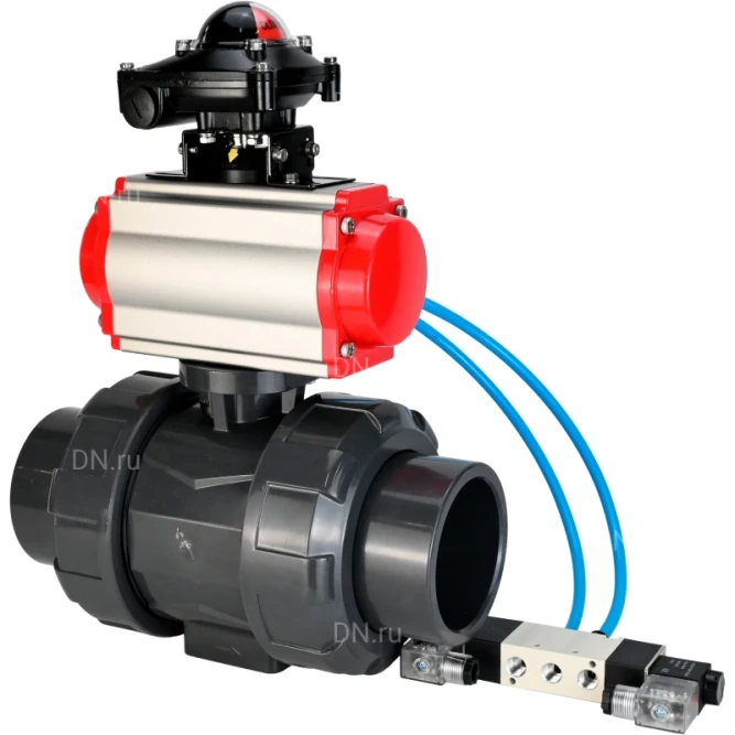 Кран шаровой BV4242E-FP-GRM-ISO Дн80 Ру10 полнопроходной, корпус - НПВХ, шар - НПВХ, уплотнение - EPDM, с пневмоприводом PA-DA-065, пневмораспределителем 4V320-08 AC220V и БКВ APL-210N в Перми
