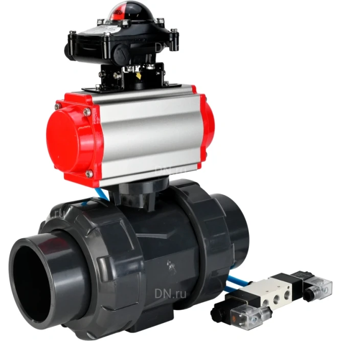 Кран шаровой BV4242E-FP-GRM-ISO Дн80 Ру10 полнопроходной, корпус - НПВХ, шар - НПВХ, уплотнение - EPDM, с пневмоприводом PA-DA-065, пневмораспределителем 4V320-08 AC220V и БКВ APL-210N в Перми