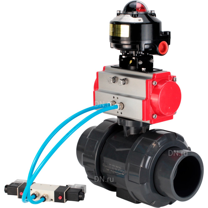 Кран шаровой BV4242E-FP-GRM-ISO Дн20 Ру10 полнопроходной, корпус - НПВХ, шар - НПВХ, уплотнение - EPDM, с пневмоприводом PA-DA-052, пневмораспределителем 4V320-08 AC220V и БКВ APL-510N EX в Перми