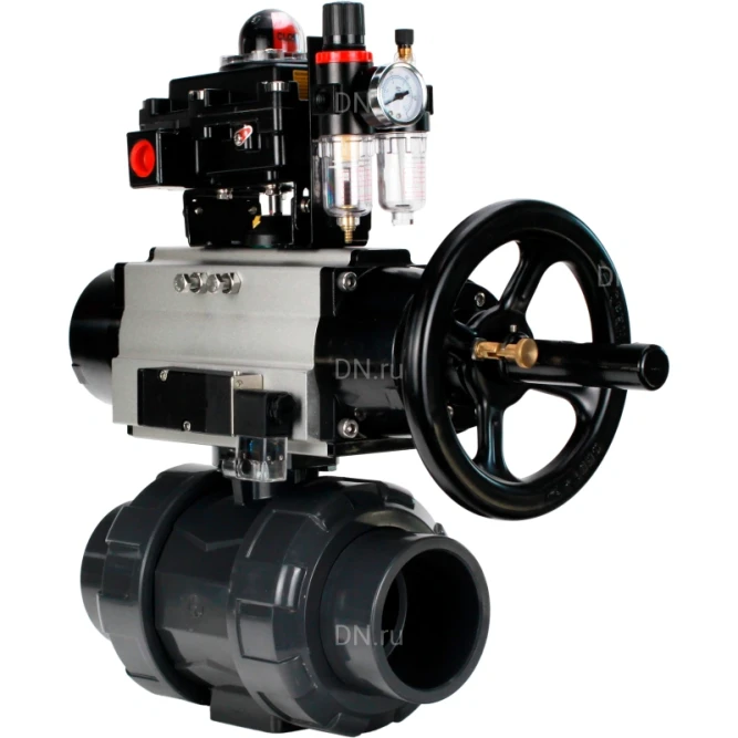 Кран шаровой BV4242E-FP-GRM-ISO Дн80 Ру10 полнопроходной, корпус - НПВХ, шар - НПВХ, уплотнение - EPDM, с пневмоприводом PA-DA-105-1, пневмораспределителем 4M310-08 DC24V, БКВ APL-410N EX и БПВ AFC2000 в Перми