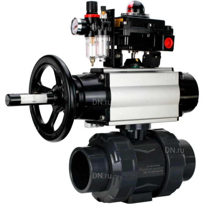 Кран шаровой BV4242E-FP-GRM-ISO Дн80 Ру10 полнопроходной, корпус - НПВХ, шар - НПВХ, уплотнение - EPDM, с пневмоприводом PA-DA-105-1, пневмораспределителем 4M310-08 DC24V, БКВ APL-410N EX и БПВ AFC2000 в Перми