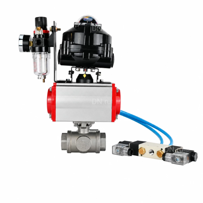 Кран шаровой BV3232P(4pc)-SP-3WT-T-ISO-H WDVF Ду25 Ру63 стандартнопроходной, 3-ходовой Т-тип, внутренняя резьба, нержавеющая сталь AISI 316, PTFE, с пневмоприводом PA-DA-065, пневмораспределителем 4V320-10 AC220V, БКВ APL-510N EX и БПВ AFC2000 в Перми