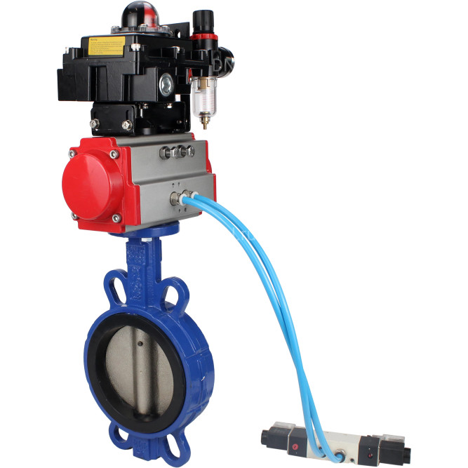 Затвор дисковый поворотный WBV1413E-2W-Fb-H Ду150 Ру16, корпус - чугун GGG50, диск - чугун GGG40, уплотнение - EPDM, с пневмоприводом PA-SA-140, пневмораспределителем 4V320-08 AC220V, БКВ APL-510N-EX и БПВ AFC2000 в Перми