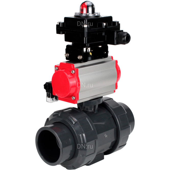 Кран шаровой BV4242E-FP-GRM-ISO Дн20 Ру10 полнопроходной, корпус - НПВХ, шар - НПВХ, уплотнение - EPDM, с пневмоприводом PA-SA-052, пневмораспределителем 4M310-08 DC24V и БКВ APL-410N EX в Перми