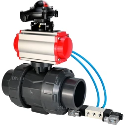 Кран шаровой BV4242E-FP-GRM-ISO Дн32 Ру10 полнопроходной, корпус - НПВХ, шар - НПВХ, уплотнение - EPDM, с пневмоприводом PA-SA-052, пневмораспределителем 4V320-08 AC220V и БКВ APL-210N