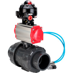Кран шаровой BV4242E-FP-GRM-ISO Дн40 Ру10 полнопроходной, корпус - НПВХ, шар - НПВХ, уплотнение - EPDM, с пневмоприводом PA-DA-052, пневмораспределителем 4V320-08 AC220V и БКВ APL-510N EX