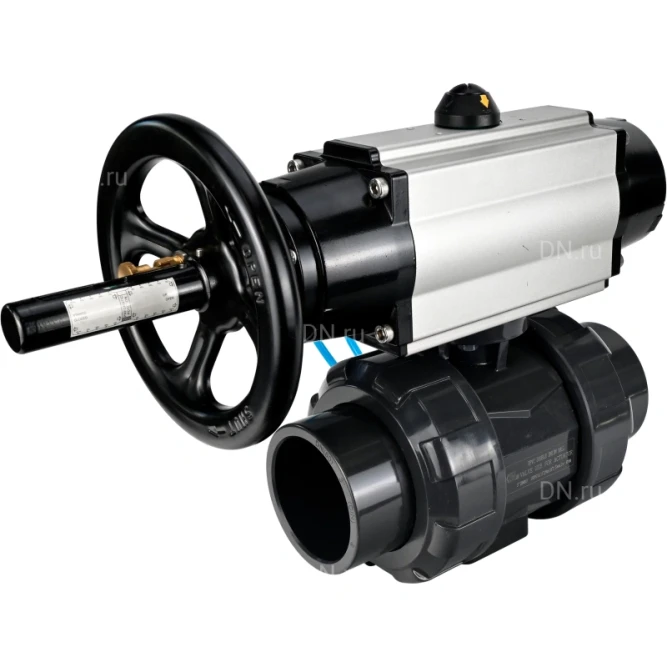 Кран шаровой BV4242E-FP-GRM-ISO Дн32 Ру10 полнопроходной, корпус - НПВХ, шар - НПВХ, уплотнение - EPDM, с пневмоприводом PA-DA-105-1 и пневмораспределителем 4V320-08 AC220V в Перми
