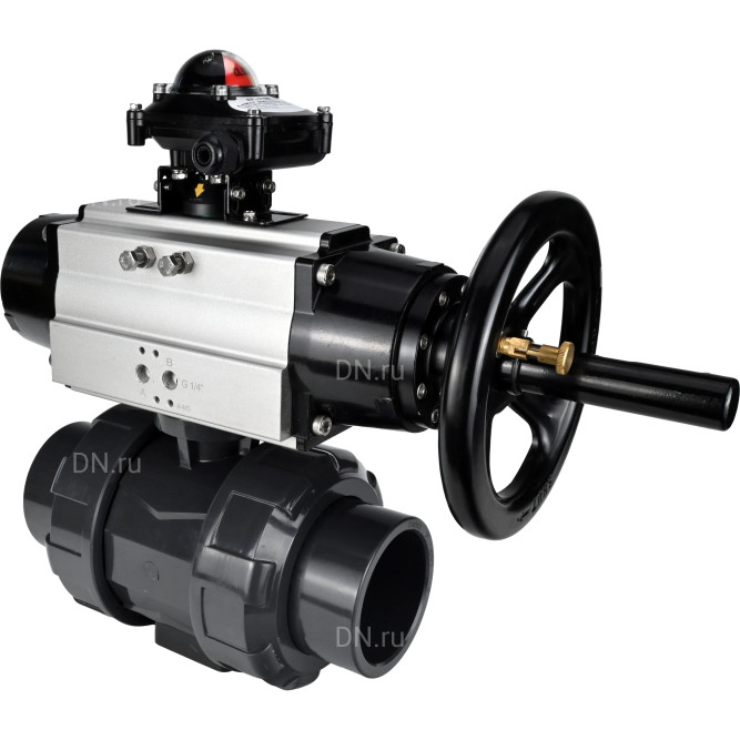 Кран шаровой BV4242E-FP-GRM-ISO Дн65 Ру10 полнопроходной, корпус - НПВХ, шар - НПВХ, уплотнение - EPDM, с пневмоприводом PA-DA-105-1 и БКВ APL-210N в Перми