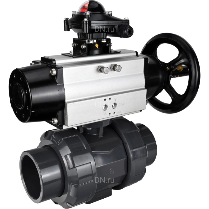 Кран шаровой BV4242E-FP-GRM-ISO Дн65 Ру10 полнопроходной, корпус - НПВХ, шар - НПВХ, уплотнение - EPDM, с пневмоприводом PA-DA-105-1 и БКВ APL-210N в Перми