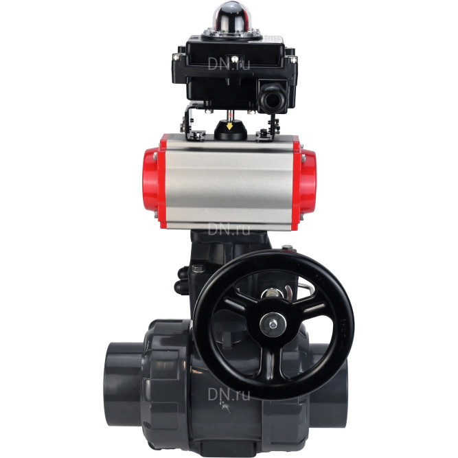 Кран шаровой BV4242E-FP-GRM-ISO Дн80 Ру10 полнопроходной, корпус - НПВХ, шар - НПВХ, уплотнение - EPDM, с пневмоприводом PA-DA-065, пневмораспределителем 4M310-08 AC220V, ручным дублером MON1-250-T26-ISO и БКВ APL-410N EX в Перми